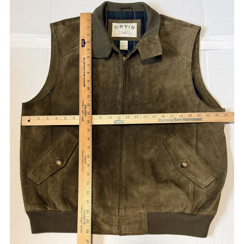 ORVIS - Men's Genuine Leather Suede Vest - Full Zip Plaid Flannel Lined - Large